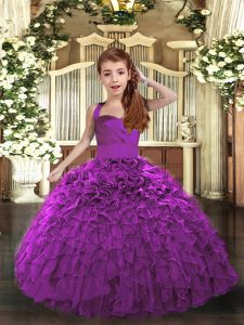 Classical Ball Gowns Kids Pageant Dress Purple Straps Organza Sleeveless Floor Length Lace Up