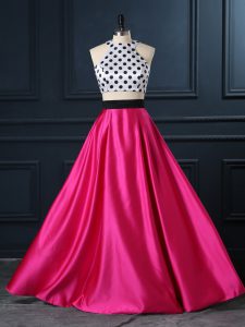 Floor Length Two Pieces Sleeveless Hot Pink Prom Gown Lace Up