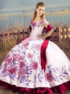 Custom Designed Satin and Organza Off The Shoulder Sleeveless Lace Up Embroidery Sweet 16 Quinceanera Dress in Fuchsia