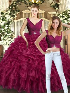 Burgundy Two Pieces V-neck Sleeveless Organza Floor Length Backless Beading and Ruffles Sweet 16 Dresses