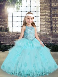 Tulle Sleeveless Floor Length Little Girls Pageant Dress and Beading and Lace and Appliques