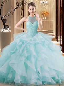 Flare Light Blue Sleeveless Brush Train Embroidery and Ruffles Quinceanera Gown