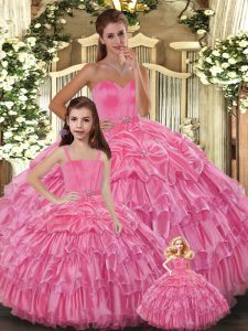 Stylish Floor Length Rose Pink Sweet 16 Dress Organza Sleeveless Ruffled Layers
