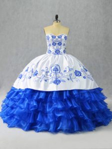 New Arrival Blue And White Ball Gowns Satin and Organza Sweetheart Sleeveless Embroidery and Ruffled Layers Floor Length