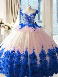 Best Tulle Sleeveless 15 Quinceanera Dress Brush Train and Hand Made Flower