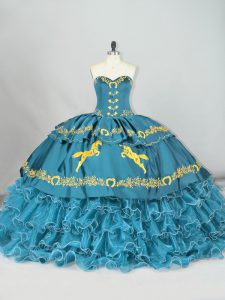 Classical Teal Lace Up Sweetheart Embroidery and Ruffled Layers Quinceanera Gown Satin and Organza Sleeveless Brush Trai