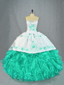 Turquoise Organza Lace Up Sweetheart Sleeveless Floor Length Sweet 16 Dress Embroidery and Ruffles