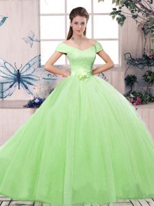 Custom Design Short Sleeves Floor Length Lace and Hand Made Flower Lace Up Vestidos de Quinceanera with