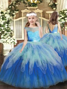 Floor Length Multi-color Girls Pageant Dresses Tulle Sleeveless Lace and Ruffles