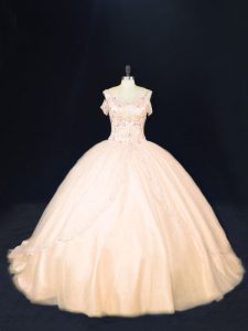 Zipper Sweet 16 Quinceanera Dress Peach for Sweet 16 and Quinceanera with Beading Court Train