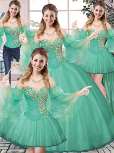 Noble Tulle Sweetheart Sleeveless Lace Up Beading Quince Ball Gowns in Turquoise