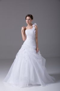 Customized White Sleeveless Brush Train Hand Made Flower Wedding Gown