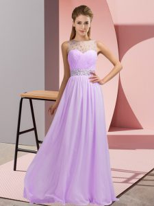 Sleeveless Chiffon Floor Length Backless Evening Dress in Lavender with Beading