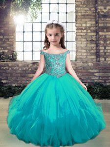 Aqua Blue Tulle Lace Up Off The Shoulder Sleeveless Floor Length Pageant Dress for Girls Beading