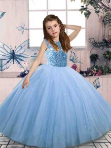 Popular Floor Length Blue Pageant Dress for Womens Tulle Sleeveless Beading