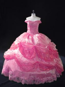 Beading and Sequins Quinceanera Dress Rose Pink Lace Up Sleeveless Floor Length