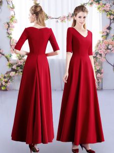 Cute Wine Red Half Sleeves Satin Zipper Wedding Party Dress for Wedding Party