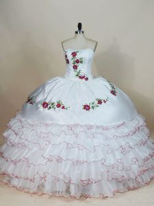 Strapless Sleeveless 15th Birthday Dress Floor Length Embroidery and Ruffled Layers White Organza