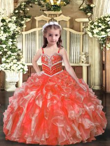 Orange Red Ball Gowns Beading and Ruffles Kids Formal Wear Lace Up Organza Sleeveless Floor Length