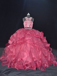 Extravagant Sleeveless Organza Brush Train Backless Quinceanera Dress in Burgundy with Beading and Ruffles
