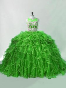 Pretty Green Sleeveless Organza Brush Train Zipper Quince Ball Gowns for Sweet 16 and Quinceanera
