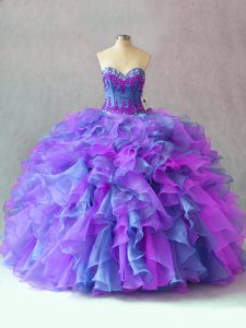 Elegant Multi-color Organza Lace Up Vestidos de Quinceanera Sleeveless Floor Length Beading and Appliques and Ruffles