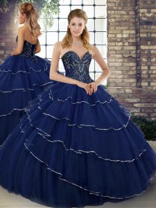 Luxurious Sleeveless Tulle Brush Train Lace Up Quinceanera Gown in Navy Blue with Beading and Ruffled Layers