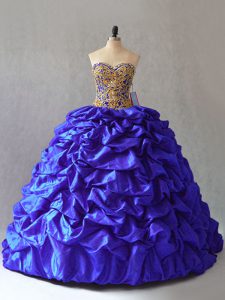 Classical Sleeveless Beading and Pick Ups Lace Up Quince Ball Gowns with Royal Blue Brush Train