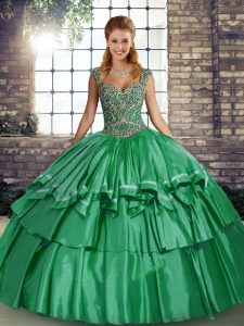 Straps Sleeveless Ball Gown Prom Dress Floor Length Beading and Ruffled Layers Green Taffeta