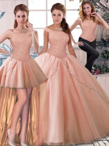Sweet Sleeveless Beading Lace Up Quinceanera Dress with Peach Brush Train