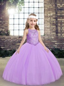 Perfect Lavender Ball Gowns Tulle Scoop Sleeveless Beading Floor Length Lace Up Pageant Dress for Girls