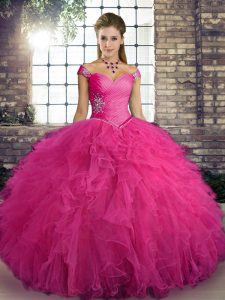 Deluxe Floor Length Hot Pink Quinceanera Dresses Tulle Sleeveless Beading and Ruffles
