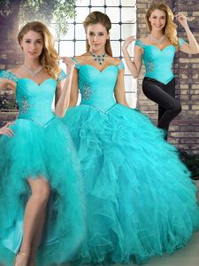 Hot Sale Off The Shoulder Sleeveless Ball Gown Prom Dress Floor Length Beading and Ruffles Aqua Blue Tulle