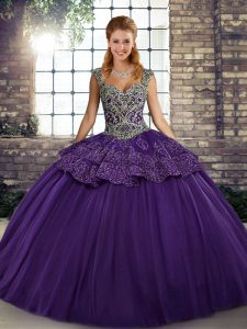 Purple Ball Gowns Beading and Appliques Sweet 16 Quinceanera Dress Lace Up Tulle Sleeveless Floor Length