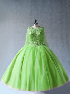 Ball Gowns Quince Ball Gowns Yellow Green Scoop Tulle Long Sleeves Floor Length Lace Up