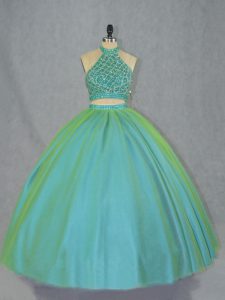 New Style Green Two Pieces Beading Quinceanera Dresses Lace Up Tulle Sleeveless