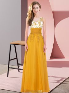 Classical Gold Backless Scoop Appliques Wedding Party Dress Chiffon Sleeveless