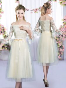 Ideal Champagne Empire Off The Shoulder 3 4 Length Sleeve Tulle Tea Length Lace Up Lace and Bowknot Quinceanera Court Dr