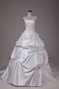 White Taffeta Lace Up Wedding Gown Sleeveless Brush Train Embroidery and Pick Ups