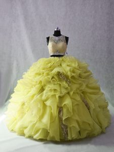Customized Organza and Sequined Sleeveless Quinceanera Dresses Brush Train and Beading and Ruffles