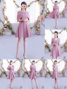 Affordable Ruching Bridesmaids Dress Pink Zipper Half Sleeves Mini Length