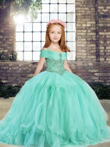Trendy Apple Green Tulle Lace Up Pageant Gowns For Girls Sleeveless Floor Length Beading