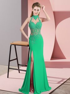 Luxury Beading and Lace and Appliques Prom Party Dress Green Backless Sleeveless Floor Length