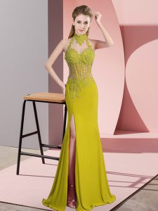 Modern Sleeveless Chiffon Floor Length Backless Prom Dresses in Green with Lace and Appliques