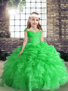 Beading and Ruffles Custom Made Pageant Dress Green Lace Up Sleeveless Floor Length