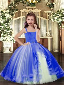 New Arrival Blue Tulle Lace Up Kids Formal Wear Sleeveless Floor Length Beading