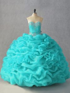 Fantastic Aqua Blue Sweetheart Lace Up Beading and Pick Ups and Hand Made Flower Quinceanera Dress Sleeveless