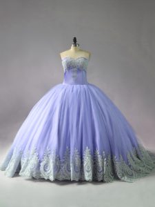 Latest Tulle Sweetheart Sleeveless Court Train Lace Up Appliques Quinceanera Gown in Lavender