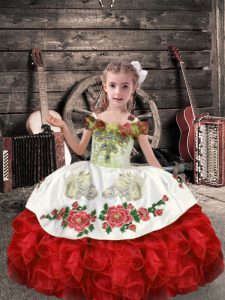 White And Red Off The Shoulder Neckline Beading and Embroidery and Ruffles Glitz Pageant Dress Sleeveless Lace Up