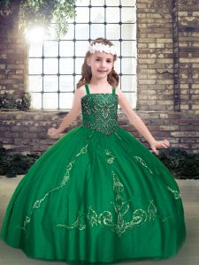 High Class Dark Green Ball Gowns Tulle Straps Sleeveless Beading Floor Length Lace Up Little Girl Pageant Gowns